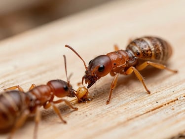 Macro photograph of drywood termites consuming structural timber, sharp clinical focus, bright daylight.