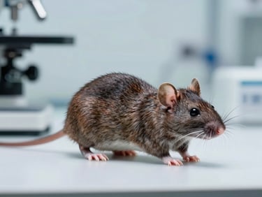 Macro photograph of a brown rat (Rattus norvegicus) in a controlled laboratory setting, clean background, clinical lighting.