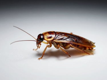 Macro photograph of a German cockroach (Blattella germanica) on a sterile white surface, high clarity, clinical lighting.