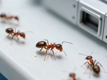 Macro photograph of tiny ghost ants crawling on a sterile counter, high clarity, bright clinical lighting.
