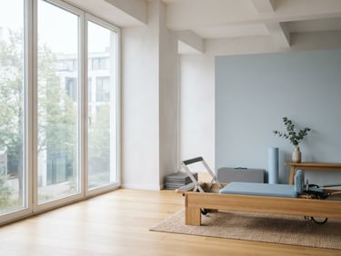 Empty minimalist Pilates studio flooded with soft, diffused natural daylight, high-end reformer in the foreground, clean architectural lines, pale blue and white tones.