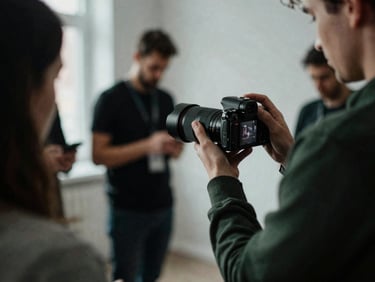 Candid shot of a marketing agency team member adjusting a camera lens during a food photoshoot, soft Scandinavian daylight, deep shadows, matte finish.