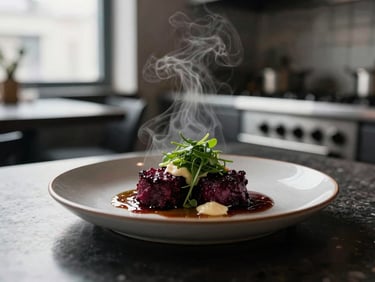 Tight editorial crop of steam rising from a beautifully plated dish in a cozy Scandinavian-style restaurant kitchen, soft directional daylight, high contrast.
