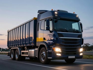 Low-angle heroic shot of a pristine modern heavy-duty cargo truck on a highway at dusk, headlights cutting through the twilight, deep navy and yellow accents visible on the cabin, clean crisp lighting.