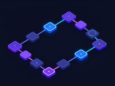 Sleek dark-mode vector schematic of a declarative deployment pipeline, glowing neon blue and violet connections, clean geometric nodes, orthographic projection.