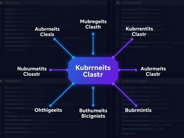Flat technical orthographic projection of a multi-region Kubernetes cluster schematic, glowing neon blue and violet connection lines, dark-mode terminal environment background, sharp vector details.