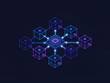 Sleek dark-mode vector illustration, glowing neon blue and violet accents, clean geometric schematics of a Kubernetes cluster, sharp technical details, orthographic projection
