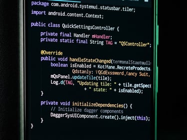 Macro close-up of a high-end physical Android phone screen displaying custom system-level UI code, sharp details, dramatic low-key studio lighting with neon green rim accents, 35mm