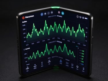 Tight angle close-up of a folding dual-screen Android device, showing a complex telemetry dashboard with green line charts, dramatic side lighting