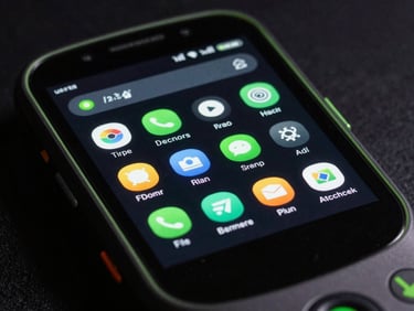 Macro view of a rugged hand-held Android device in low-key studio lighting, showing a custom high-contrast launcher UI with neon green accents, sharp details