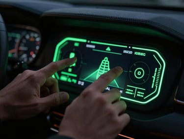 Close-up of hands interacting with a custom dashboard mounted on a vehicle dashboard, neon green interface elements glowing in low-key light