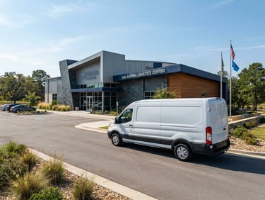 Wide environmental shot of a professional white fleet vehicle parked outside a clean, modern commercial facility in Northeast Oklahoma under bright natural daylight.