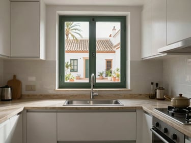 Interior detail of a renovated apartment kitchen in Los Boliches Fuengirola, white cabinetry, stone countertop, window overlooking a quiet courtyard, natural daylight