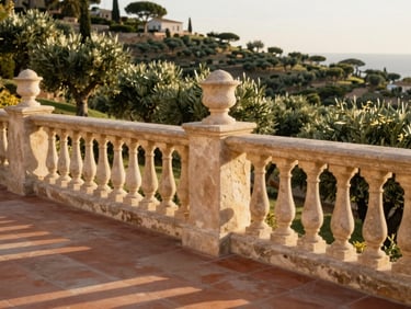 Close-up architectural detail of a hillside villa terrace in Mijas Costa, stone balustrade, terracotta floor tiles, hillside olive grove visible in background, golden afternoon light
