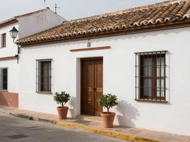 Street-level exterior of a whitewashed Andalusian townhouse in Los Boliches, terracotta pots by the entrance, natural daylight, quiet residential street context