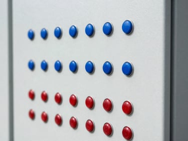 Close-up of a clean, professionally wired industrial electrical panel with blue and red indicator lights, sharp focus