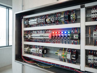 Close-up of a modern electrical control panel with clean wiring, bright daylight, high-contrast red and blue indicator lights, sharp architectural focus.