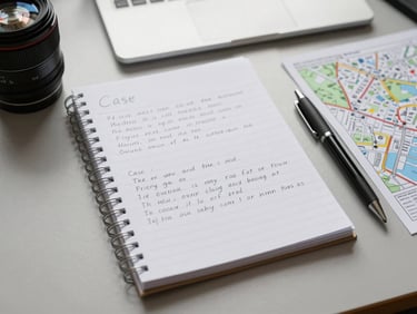 Overhead flat-lay of handwritten case notes, a location map printout, and a pen on a light gray desk surface, soft overcast window light, tightly framed