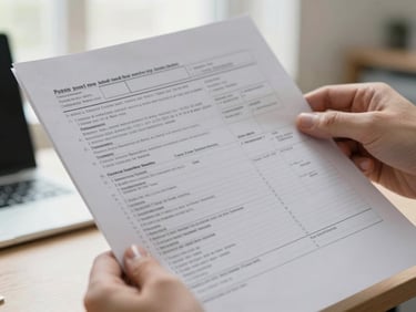 Close-up of a hand holding a printed background report page, selective focus on typed text entries, diffused natural window light, spare desk surface visible below