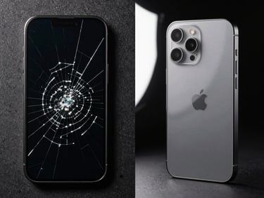 Split-frame documentary photograph: left half shows cracked phone screen with deep scratches under harsh overhead light, right half shows same phone model after BlindCell armoring — optically clear, zero visible damage, studio strobe, black background