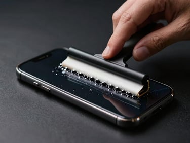 Documentary close-up, high-contrast studio lighting, smartphone lying flat on a dark work surface with protective film being applied, air bubbles being squeegeed out toward the edge, corner coverage visible, hands steady in frame, black background, industrial precision feel