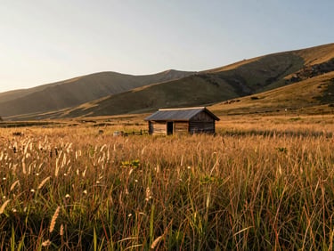 Expansive mountain meadow with tall wild grasses, a small rustic cabin integrated into the environment, warm sunset light