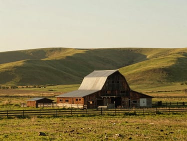 Wide environmental shot of a rustic wooden barn nestled against rolling green hills under warm overcast daylight, fence line in foreground.