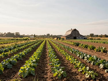 A working organic farm with neat rows of crops, historic timber barn in the distance, soft overcast daylight, wide angle