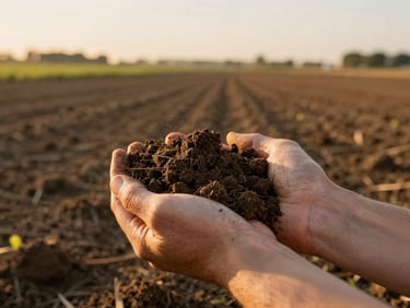 Close-up of rich dark soil being held in hands over a sunny farm field, warm golden hour light, highly detailed texture