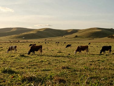 Wide panoramic view of lush rolling pasture land under a soft overcast sky, cattle grazing peacefully in the far distance
