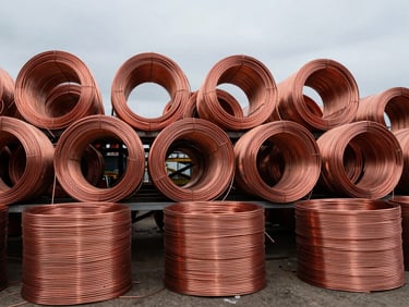 Raw pile of sorted copper wire coils in an industrial yard, natural overcast daylight, raw metallic textures, 35mm lens