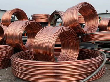 Raw pile of stripped copper wire and thick copper cables in an industrial yard, natural daylight, metallic shine.