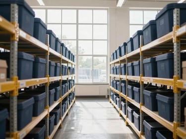 Bright, clean distribution warehouse with organized shelving, high-velocity logistics operations, natural light streaming through high windows.