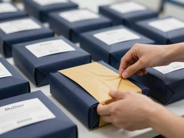 Close-up of physical consumer goods being carefully packaged in a clean, modern shipping facility with corporate navy accents.