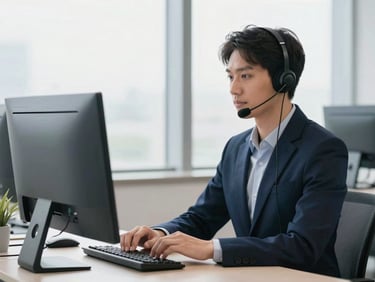Customer service representative assisting a client, headset, computer screen with chat interface, professional and calm demeanor, bright natural daylight, clean navy and grey tones, sharp focus, 35mm lens