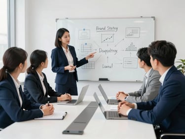 Professional team discussing brand strategy, clean meeting room, whiteboard with branding elements, bright natural daylight, clean navy and grey tones, sharp focus, 35mm lens