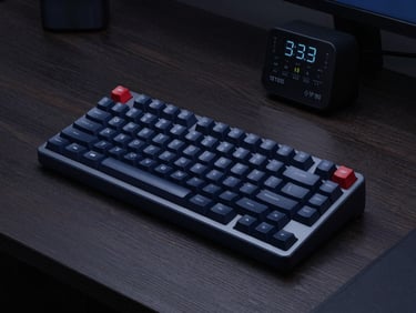 Sleek editorial photography of a mechanical keyboard and an analog timer on a dark walnut desk, cool low-key lighting with deep navy tones.