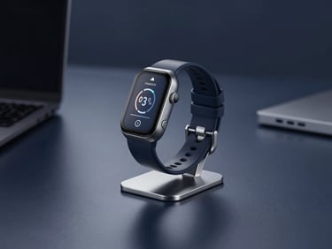 Sleek editorial photography of a high-end sleep tracker on a minimalist steel stand, cool low-key lighting with steel blue tones.