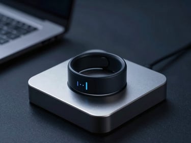 A sleek biometric sleep tracker ring charging on a metal dock, low-key dramatic lighting.