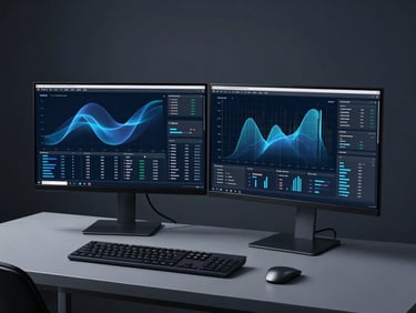 Sleek editorial photography of a clean workspace with a dual-monitor setup showing abstract data visualization, cool low-key lighting.