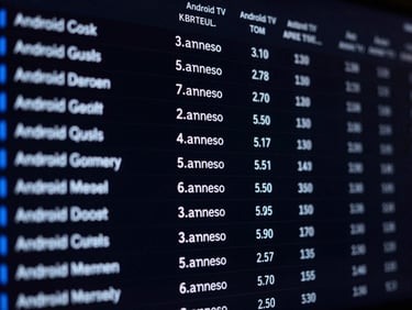 Extreme close-up of an Android TV interface displaying crisp monospaced system metrics, electric blue accents, dark-mode aesthetic.
