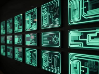 A wall of commercial displays in a dimly lit room, glowing with cyber-mint interface wireframes, high-contrast ambient lighting.
