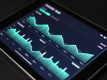 High-contrast close-up of a physical Android tablet showing a custom diagnostic interface with neon cyber-mint graphs, dark background, 35mm focus