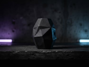 A single geometric ceramic vase on a dark concrete shelf, dramatic shadow, moody purple and blue neon highlight.