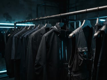Sleek modern apparel hanging on a metallic rack, dark studio background with subtle electric blue neon highlights, cinematic.