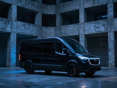 Sleek modern black transport vehicle parked outside a brutalist concrete building under neon blue night light, cinematic editorial style, high contrast, 35mm lens
