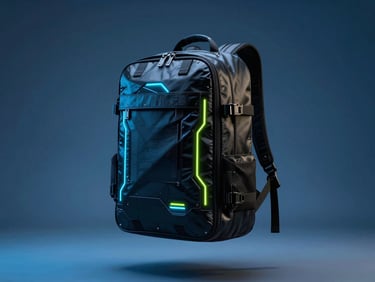 Sleek futuristic black modular backpack floating in mid-air, high-contrast studio lighting with vibrant electric blue and cyber lime glows, cinematic.