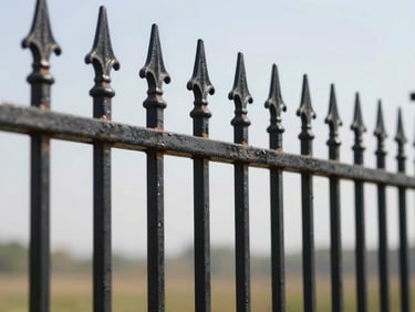 Elegant black ornamental aluminum fence with decorative finials, sharp focus on the rust-proof material, under bright morning daylight.
