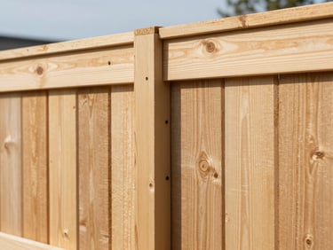 Close-up of freshly installed pressure-treated wooden fence panels, showing natural wood grain and clean joinery, under bright morning daylight.