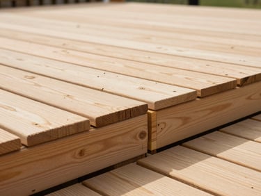 Detail shot of a repaired deck section, new cedar planks seamlessly integrated with existing structure, showing clean joinery and sturdy construction, crisp outdoor photography, bright morning daylight, natural colors, sharp focus, architectural framing, 35mm lens